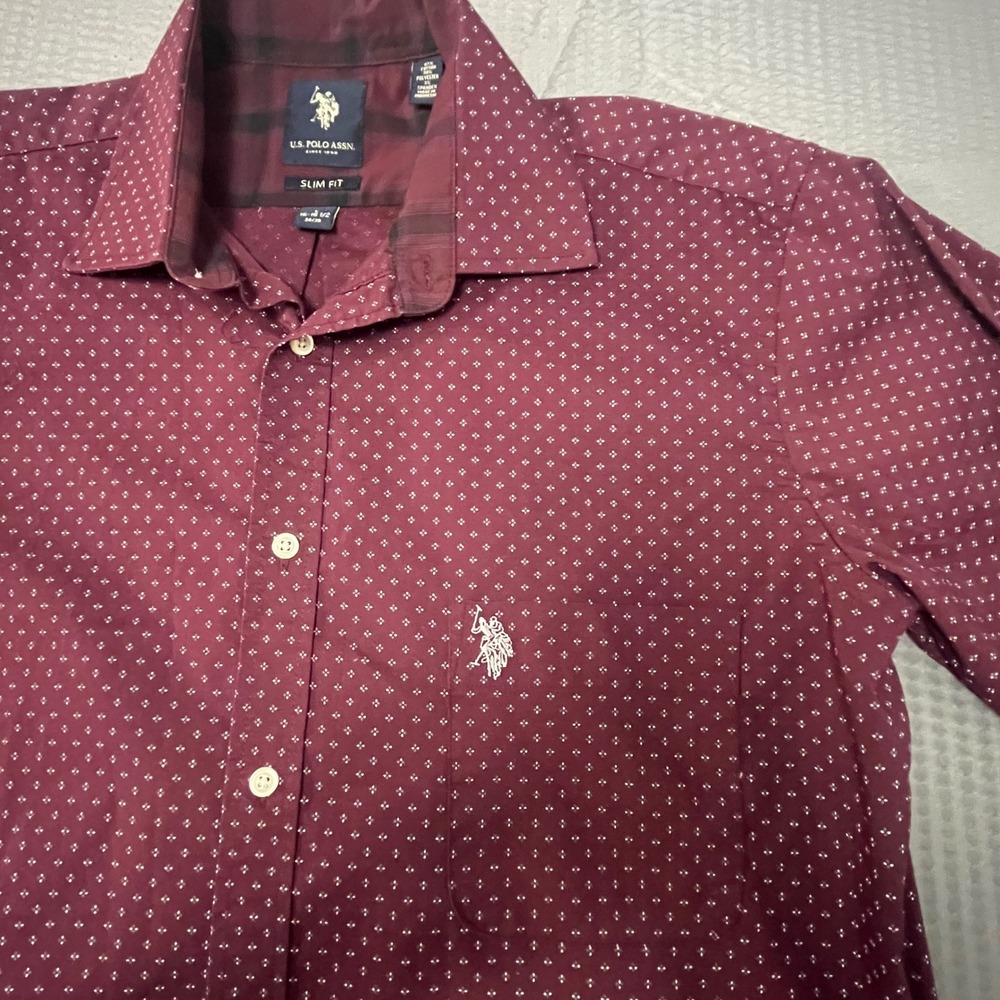 U.S. Polo Assn. Mens Slim Fit Long Sleeve Button Down Dress Shirt Burgundy Dot L